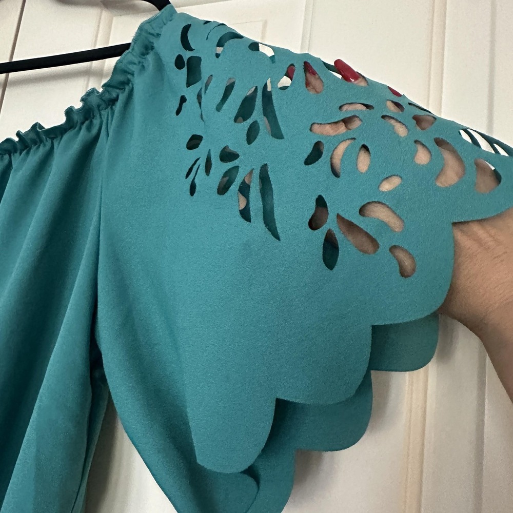 Shein Curve Blouse 4XL Teal Green Off Shoulder Laser Cut Flutter Sleeve‎ Tunic